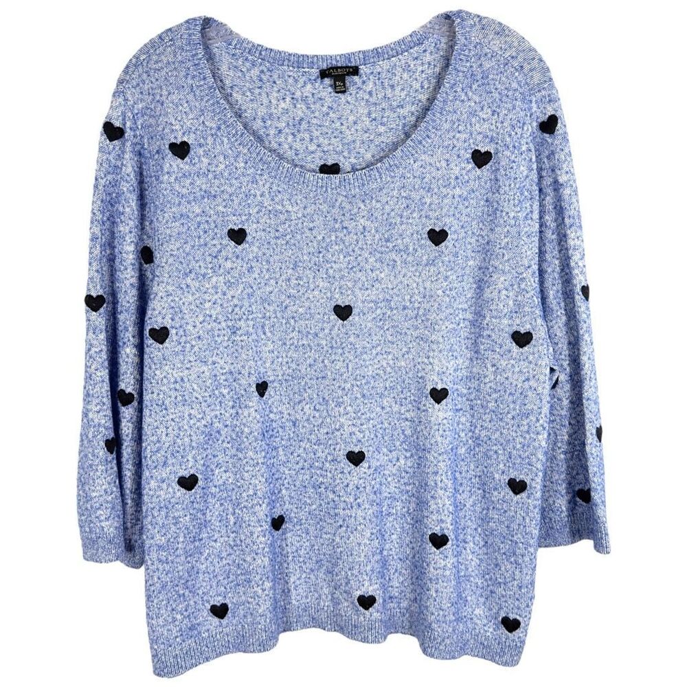 Talbots Plus Size 3XP Sweater Embroidered Hearts Crewneck Blue Pullover Wool 471